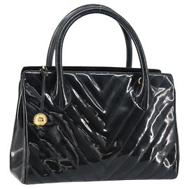 CHANEL Sac à main V Stitch Émail Noir Or CC Auth BA8975 Noir Doré