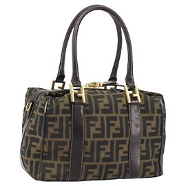 FENDI Zucca Canvas Hand Bag Black Brown gold Auth 155701 Brown Black Golden
