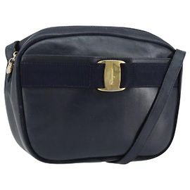Borsa a Spalla Salvatore Ferragamo Vala in Pelle Blu Navy Oro Auth BA8220 D'oro Blu navy
