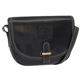 LOEWE Bolsa de Ombro Anagram Couro Preto Dourado Auth ep12382 Preto Dourado