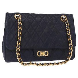 BALLY Bolsa de Ombro com Corrente Couro Marinho Dourado Auth 153688 Dourado Azul marinho