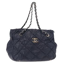 CHANEL Bolsa Tote Ultra Stitch em Couro de Bezerro Marinho Prata CC Auth 142101 Prata Azul marinho