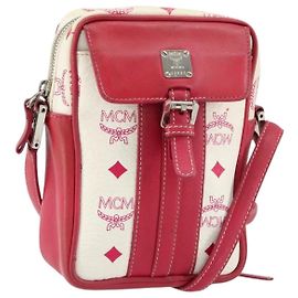 MCM Vicetos Logogram Shoulder Bag PVC Leather White Silver Auth 153908 Silvery White