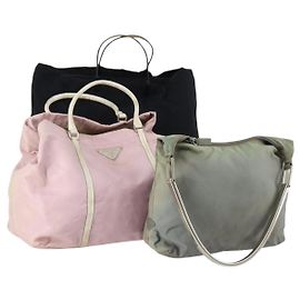 PRADA Borsa a Mano Nylon 3 Pezzi Nero Verde Rosa Auth bs30847 Nero Rosa Verde