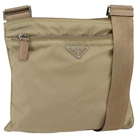PRADA Shoulder Bag Nylon Beige Silver Auth 156267 Silvery Beige