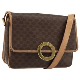 Céline Bolsa de ombro circular em lona Macadam CELINE em couro PVC marrom dourado Auth 153317 Marrom Dourado