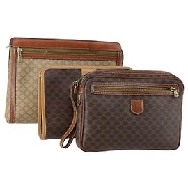 Céline CELINE Macadam Canvas Clutch Bag PVC Leather 3 Set Brown Beige Auth 151904 Brown Beige