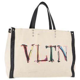 VALENTINO Borsa Tote Studs Canvas Bianca Argento Auth bs30222 Argento Bianco