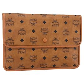 MCM Logogram Vicetos Pochette en PVC Cuir Marron Or Auth BA7356 Marron Doré