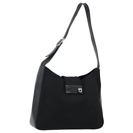 Bolsa de Ombro Gancini em Nylon Preto e Prata da Salvatore Ferragamo Auth hk2985 Preto Prata