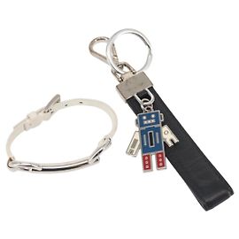 PRADA Charm Metal Leather 2Set Black Silver Auth 143381 Black Silvery