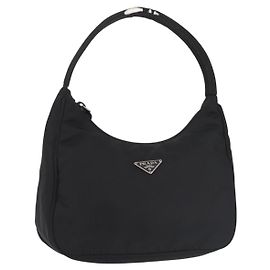 PRADA Bolsa de mão em nylon preto prata Auth 144143 Preto Prata