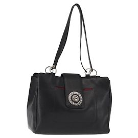 Bulgari Bolsa tote de couro preta e prata com logo circular BVLGARI Auth BA6604 Preto Prata