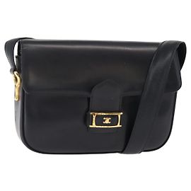 Céline CELINE Shoulder Bag Leather Vintage Navy Gold Auth 149702 Golden Navy blue