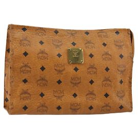 MCM Logogram Vicetos Clutch Bag in PVC Pelle Marrone Oro Auth 151865 Marrone D'oro