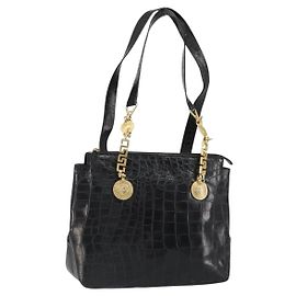 Bolsa tote de couro preta e dourada Gianni Versace Auth 152047 Preto Dourado