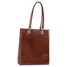 Bolsa de Ombro CARTIER Couro Envernizado Marrom Prata Auth ka005 Marrom Prata