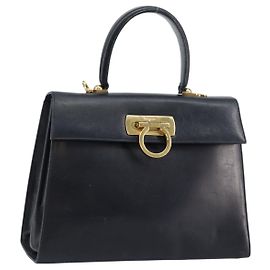 Bolsa de mão Gancini em couro azul marinho e dourado Auth 146338 da Salvatore Ferragamo Dourado Azul marinho