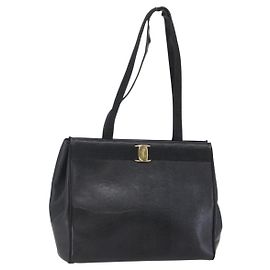 Bolsa de Ombro Vala em Couro Preto e Dourado Salvatore Ferragamo Auth BA7064 Preto Dourado