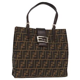 FENDI Zucca Canvas Mamma Baguette Tote Bag Black Silver Brown Auth 145493 Brown Black Silvery