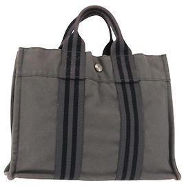 Hermès HERMES Fourre Tout PM Handtasche Canvas Grau Silber Auth 144332 Braun Silber
