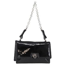 Borsa a Spalla Chain Gancini Salvatore Ferragamo Smalto Nero Argento Auth 143669 Nero Argento