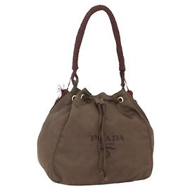 PRADA Bolsa de Ombro com Franjas em Nylon Caqui Dourado Auth bs30567 Dourado Caqui