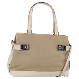 Salvatore Ferragamo Gancini Tote Bag Canvas 2way Beige Silver Auth bs31186 Silvery Beige