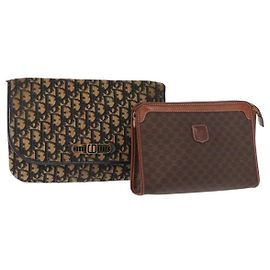 Christian Dior Celine Macadam Canvas Bag PVC Leather 2 Set Brown Navy Auth 146900 Brown Navy blue