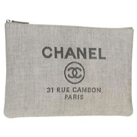CHANEL Bolsa Clutch Lona Cinza CC Auth 148530M Marrom