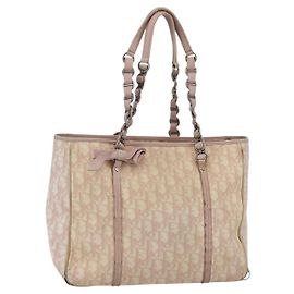 Christian Dior Trotter Canvas Romantic Chain Bag PVC Pink Silver Auth 154738 Silvery Pink