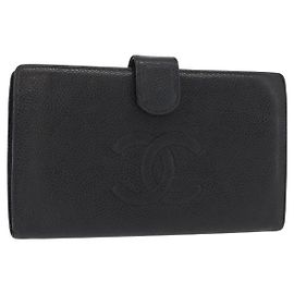CHANEL Cartera Larga Piel Caviar Negra Oro CC Auth bs31583 Negro Dorado
