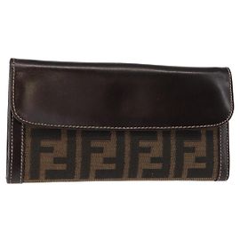 FENDI Zucca Canvas Long Wallet Black Brown Auth 147038V Brown Black