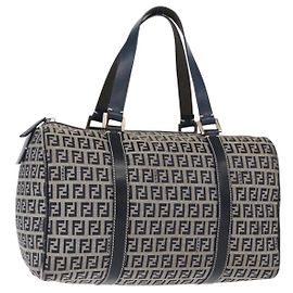 FENDI Zucchino Canvas Boston Bag Navy Silver Auth 154748 Silvery Navy blue