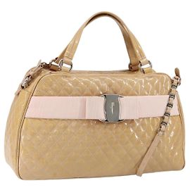 Salvatore Ferragamo Vala Handtasche Emaille 2-Wege Beige Silber Auth 150429 Silber Beige