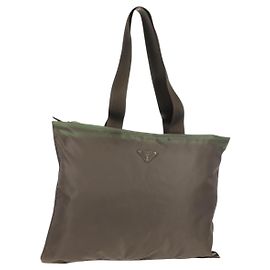 PRADA Tote Bag Nylon Khaki Silver Auth 148428 Silvery Khaki