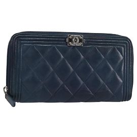 CHANEL Boy Chanel Long Wallet Lamb Skin Navy Silver CC Auth bs31466 Silvery Navy blue