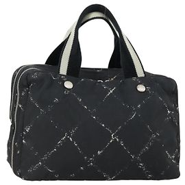 CHANEL Neue Reise Linie Handtasche Nylon Schwarz Silber CC Auth bs31119 Schwarz Silber