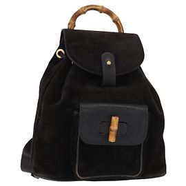 GUCCI Bamboo Backpack Suede Leather Black Gold 003 1705 0030 Auth BA7789 Black Golden