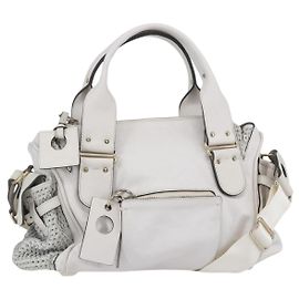 Chloé Chloe Shoulder Bag Leather 2way White Silver Auth ka340 Silvery White
