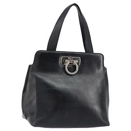 Bolsa de mão Gancini em couro preto e prata da Salvatore Ferragamo Auth 155690 Preto Prata