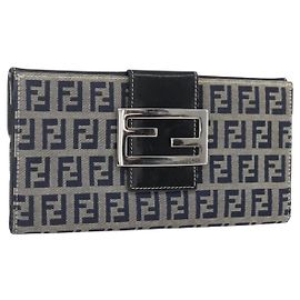 FENDI Zucchino Canvas Long Wallet Navy Silver Auth yk20081 Silvery Navy blue