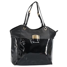 Bolsa Tote Vala em couro esmaltado preto e dourado Auth BA8230 da Salvatore Ferragamo Preto Dourado