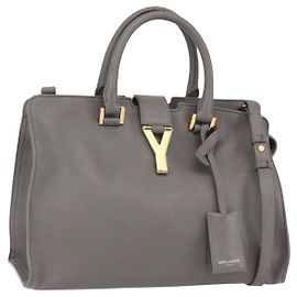 SAINT LAURENT Petit Cabas Sac à Main Cuir 2en1 Gris Or Auth mr1644 Marron Doré