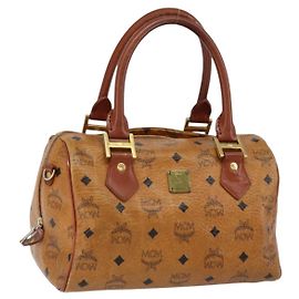 Bolsa Boston MCM Logogram Vicetos em couro PVC marrom e dourado Auth gh1076 Marrom Dourado