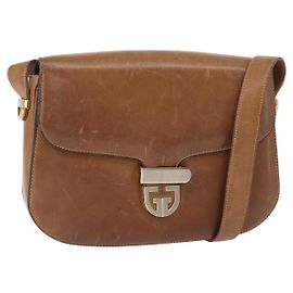 Gucci Bolsa de Ombro de Couro Marrom Dourado Auth ep11690 Marrom Dourado