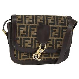 FENDI Zucca Canvas Shoulder Bag Black Brown Auth 150285 Brown Black