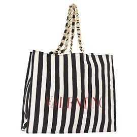 VALENTINO Chain Tote Bag Canvas Black White Auth 151029 Black White