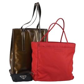 PRADA Schultertasche Nylon Emaille 3 Set Rot Braun Schwarz Auth bs31276 Braun Schwarz Rot