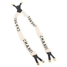 Chanel Suspensórios de lona de couro branco CC Auth mr1577 Branco
